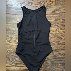 BuffBunny Black Ribbed Zip-Front One-Piece Swimsuit
